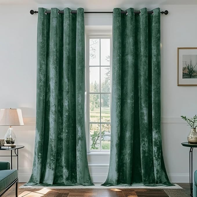 SMILETIME Forest Green Crushed Velvet Curtains 52x108 inch Luxurious Thermal Insulated Soundproof Drapes for Living Room Bedroom Office Soft and Durable Light-Filtering Window Treatments, 2 Panels