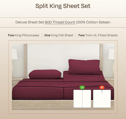 California Design Den Split King Sheets Set - Luxury Hotel 800 Thread Count Sateen, Soft and Natural 100% Cotton Sheets, Deep Pockets for a Snug Fit, Durable Bedding Set - Red Wine