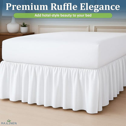 Rajlinen Ruffled Bed Skirt Full, 10 Inch Drop Dust Ruffle with Split Corners, 100% Microfiber Bedskirt with Platform, Three-Sided Coverage Ruffled Gathering Design, White