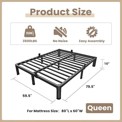 ROIL 10 Inch Queen Bed Frame with Rounded Corner Low Profile Metal Platform 3500LBS Heavy Duty Steel Slats No Box Spring Needed Noise-Free Easy Assembly