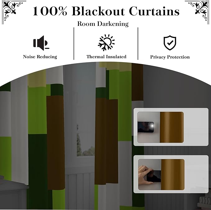 Avocado Green 100% Blackout Curtains for Bedroom 63 inch Long 2 Panels Set White Modern Abstract Geometric Black Out Curtains Insulated Room Darkening Window Drapes for Living Room, 52Wx63L