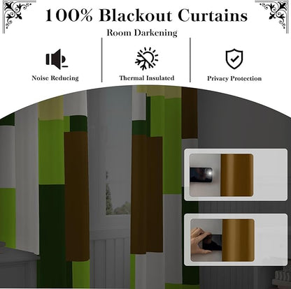 Avocado Green 100% Blackout Curtains for Bedroom 96 inch Long 2 Panels Set White Modern Abstract Geometric Black Out Curtains Insulated Room Darkening Window Drapes for Living Room, 52Wx96L