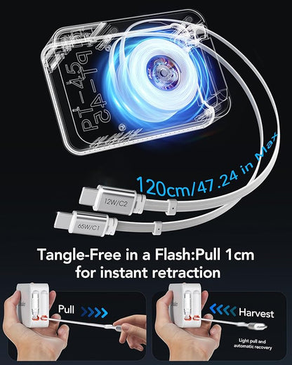 65W for MacBook Pro Charger,5-in-1 Retractable Wall Charger Plug for iPhone 17, 3.94 ft PD USB C&Lightening Cable&3 Ports, Fast Charging Block for Mac Book Pro/Air, M1 M2 M3 M4, iPad Pro,Galaxy,Pixel
