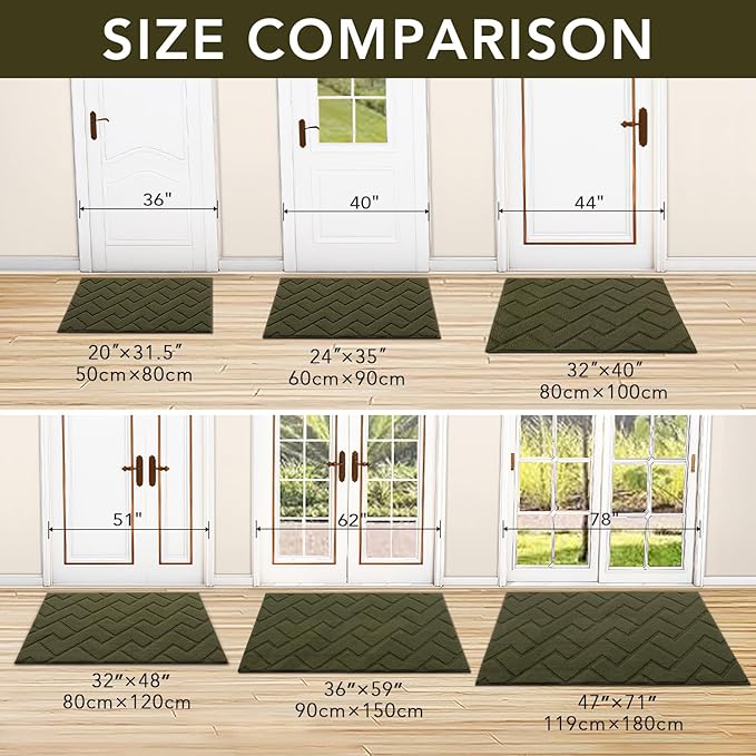 hicorfe Front Door Mat Outside Entrance,24"x35" Absorbent Muddy Dirt Resist Welcome Door Mats Outdoor Indoor,Stain and Fade Resistant,Non Slip Backing Entry Mat Doormat for Entryway (Oliver Green)