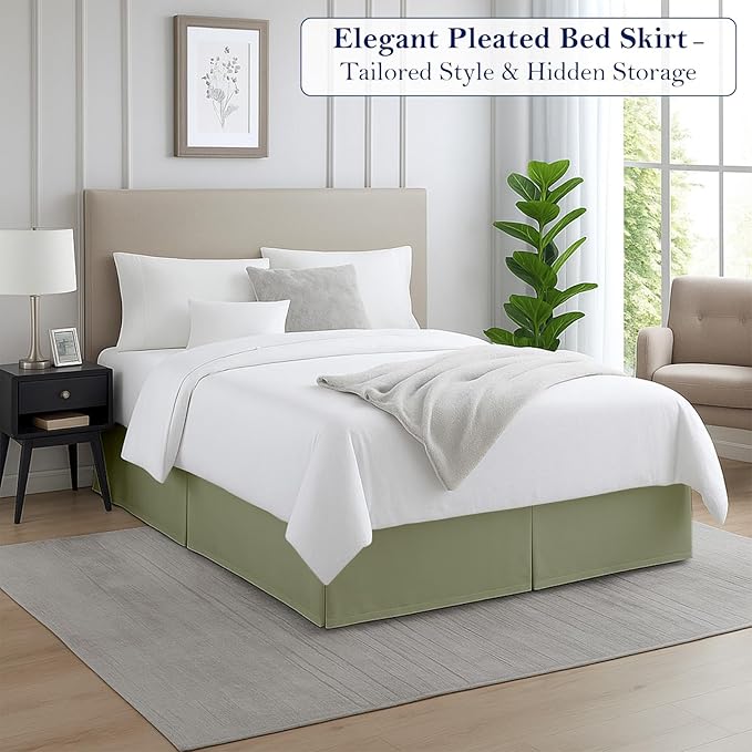 King Bed Skirt, Luxury 16 Inch Drop Sage Pleated Bed Skirt, Double Brushed Microfiber, Box Pleat Design, Wrinkle & Fade Resistant, Easy Fit Tailored Bedskirt for King Size Beds