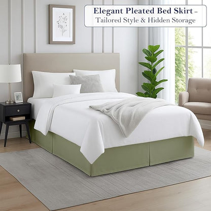 King Bed Skirt, Luxury 16 Inch Drop Sage Pleated Bed Skirt, Double Brushed Microfiber, Box Pleat Design, Wrinkle & Fade Resistant, Easy Fit Tailored Bedskirt for King Size Beds