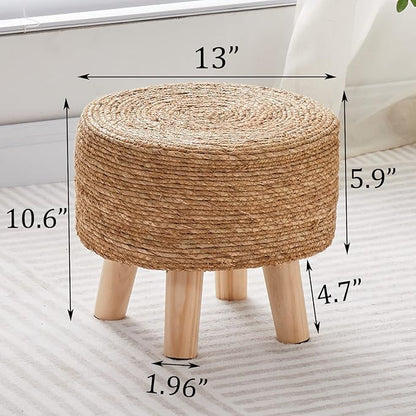 Wimarsbon Round Foot Stool Natural Seagrass Poufs Ottoman Hand Weave Footrest Stool for Couch Desk Extra Seat Step Stool with Solid Wood Legs for Hallway Patio Lounge Natural