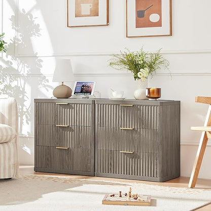 LEYAOYAO 48" Wide Fluted Dresser and 3 Drawers 23" Nightstand Set of 2, Wooden Dresser & Night Stand with Charging Station, 3 Piece Bedroom Furniture Set, Wood Chest of Drawer for Living Room,Grey