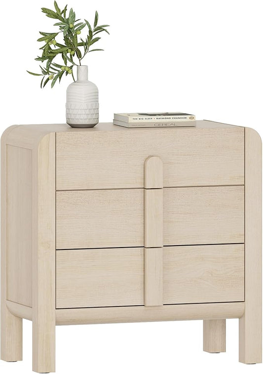 WAMPAT Modern 3 Drawer Nightstand, 31.5" Tall Nightstand with Large Chest of Drawers, Wooden Bedroom Dresser w/Curved Profile Design, End Table Bed Side Table for Bedroom, Living Room, Light Oak