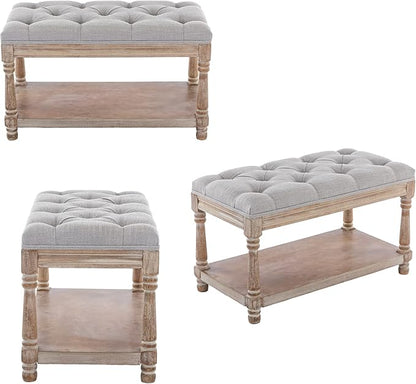 DUOMAY Farmhouse Tufted Storage Ottoman Bench with Shelf, 31.5" Width Linen Upholstered Entryway Shoe Ottoman Foot Stool for Bedroom Living Room Dining Room, Grey