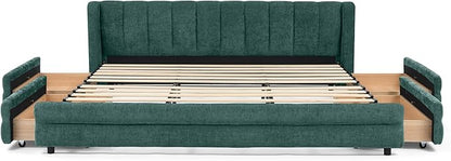 DEINPPA King Size Bed Frame with 4 Storage Drawers and Cloud Soft Headboard, Chenille Upholstered Grounded Wood Base Bed Frame, No Box Spring Needed-Blue+Green