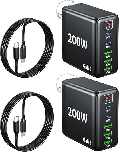 2 Pack USB C Charger Block 200W,6 Port Foldable Fast Charger Type C Charger iPhone 17 16 Fast Charging PD 3.1 Charging Station for All iPhone/Samsung Galaxy S25/S24/MacBook Pro/iPad