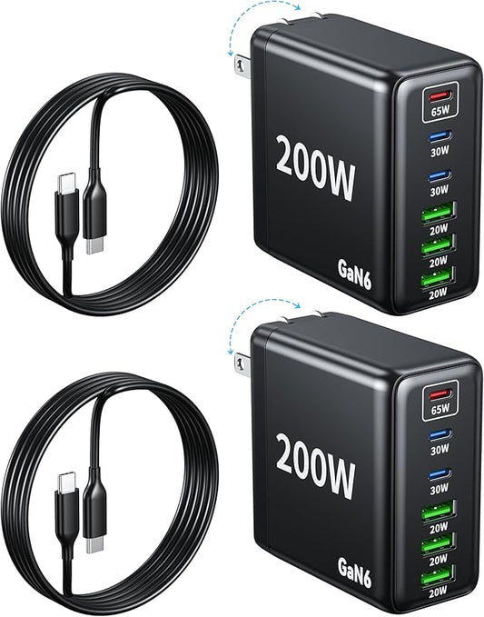 2 Pack USB C Charger Block 200W,6 Port Foldable Fast Charger Type C Charger iPhone 17 16 Fast Charging PD 3.1 Charging Station for All iPhone/Samsung Galaxy S25/S24/MacBook Pro/iPad