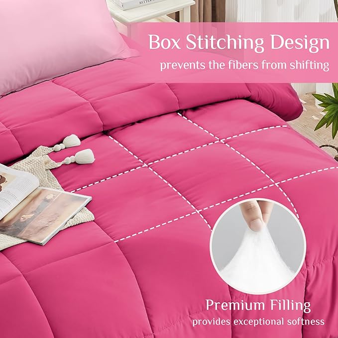 JOLLYVOGUE King Comforter Set, Ultra-Soft Bed in a Bag King Size 7 Pieces, Oeko-TEX Certified Bedding Set with Down Alternative Comforter, Sheets, Pillowcases & Shams, Hot Pink & Baby Pink