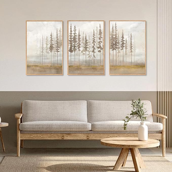 LHIUEM Large Pine Tree Framed Canvas Wall Art Set,Forest Trees Nature Wall Decor,Modern Landscape Artwork, Foggy Forest Painting for Living Room, Bedroom,Office-24 x36 x3