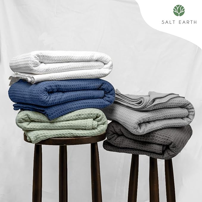 Salt Earth Organic Cotton Throw Blanket, Queen, 90"X92" Waffle Throws for Home, Bedrooms, Outdoor & Office Couch, Modern Room Decor Blankets, Lightweight, All Season Western Blanket (Charcoal Grey)