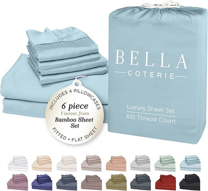 Bella Coterie 6 Piece Luxury Bamboo Viscose Queen Size Sheet Set | 100% Organically Grown | Cooling for Hot Sleepers | 18" Deep Pocket | Soft & Hypoallergenic | 4 Pillowcases [Coastal Blue]