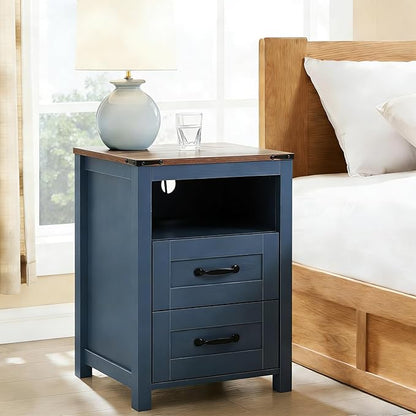 Blue Rustic Night Stand Set of 2, Farmhouse End Table, Modern Bedside Table with 2 Storage Drawers and Open Shelf, Tall Nightstand for Bedroom
