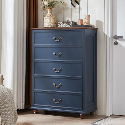 24" Wide Farmhouse Nightstand Set of 2, 45" Tall Rustic Chests of 5 Drawers w/ 4 Solid Wood Feet, Farmhouse Furniture Series for Living Room,Bedroom,DarkBlue