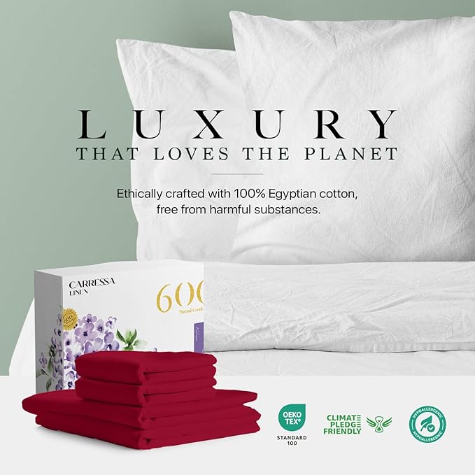 Carressa Linen 100% Egyptian Cotton Full Size Sheets - 600 Thread Count Full Size Egyptian Cotton Sheets (4 PC, True Red), Soft, Cooling, 16" Deep Pocket Sateen Weave Luxury Hotel Bed Sheet Set