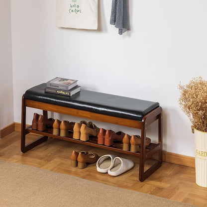 latifolia Solid Wood Bench, Entryway Shoe Bench with Cushion, Flip-Open Storage Compartment, 2-Tier Shoe Organizer(Black,39.70''L)