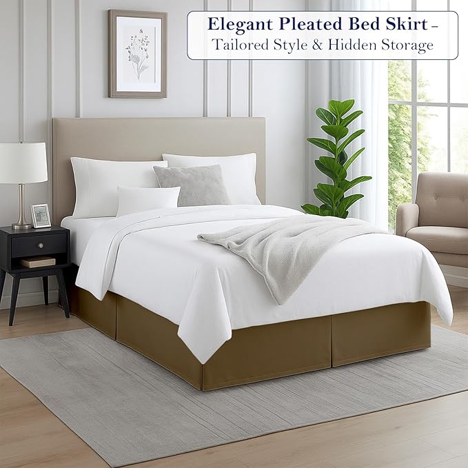 Queen Bed Skirt, Luxury 12 Inch Drop Taupe Pleated Bed Skirt, Double Brushed Microfiber, Box Pleat Design, Wrinkle & Fade Resistant, Easy Fit Tailored Bedskirt for Queen Size Beds