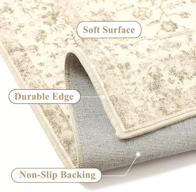 8x10 Brown Area Rug Non Slip Large Vintage Living Room Distressed Machine Washable Carpet Traditional Indoor Bedroom Brown Retro Floral Accent Throw Rug for Office Kitchen Dorm Dining Room
