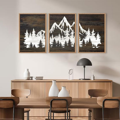 LHIUEM Large Mountain Tree Framed Canvas Wall Art Set,Modern White Forest Art Printing Country Minimalist Wood Wall Decor Farmhouse Zen Artwork for Living Room Bedroom Office-24''x36''x3