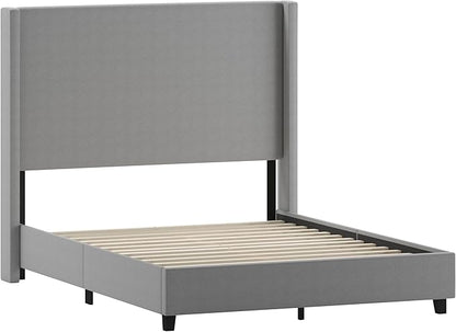 EMMA + OLIVER Nora Queen Size Faux Linen Upholstered Platform Bed with Plush Padded Wingback Headboard (No Box Spring Needed), Modern Upholstered Headboard Queen Bed Frame, Gray