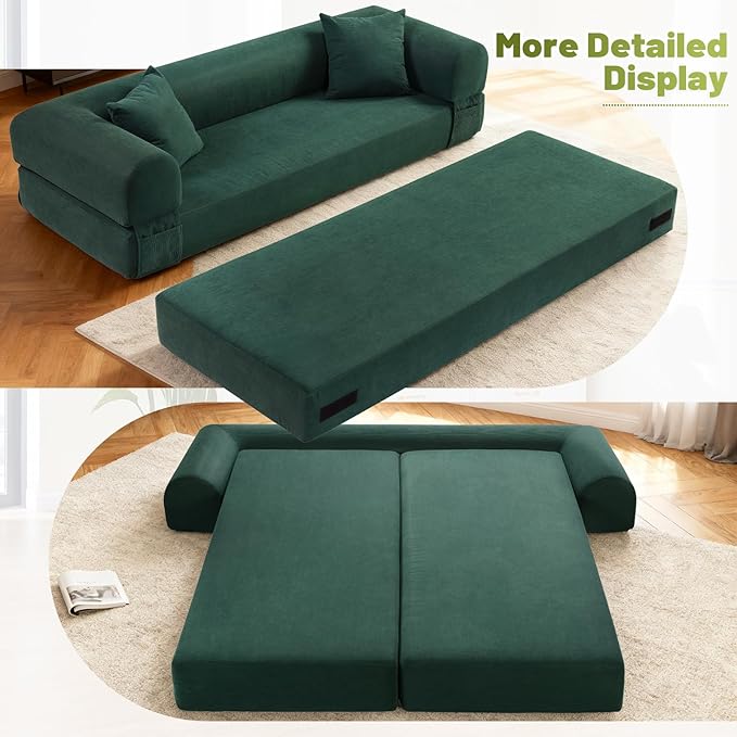 Convertible Futon Sofa Bed,80" Folding Pull Out Couch Bed with Storage,Queen Sleeper Sofa Bed,Compressed Couch in a Box,Corduroy Boneless Couches for Living Room,Deep Green