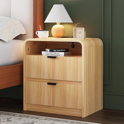 FURSUN 24" Fluted Nightstand with Charging Station, Wooden End Table with 2 Drawers Storage, Curved Profile Design, Modern Bedside Cabinet for Bedroom, Natural Oak