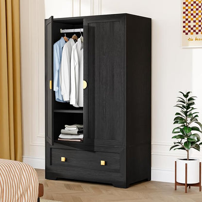 VINGLI Armoire Wardrobe Closet with Doors, 38" W Armoire Wardrobe Cabinet with Drawers and Hanging Rod, Black Wood Bedroom Armoires, 21" D x 38" W x 65" H
