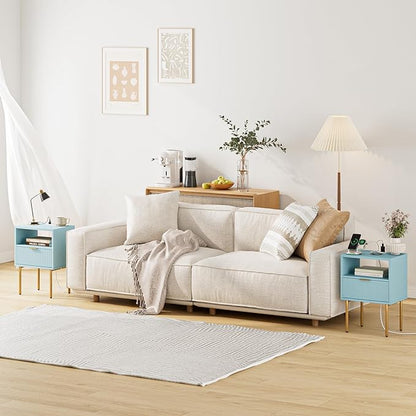 Masupu Nightstand with Charging Station,Mid-Century Modern Bedside Table with Storage Drawer and Open Wood Shelf,Small Gold Frame Side Table for Bedroom,Living Room (Blue)
