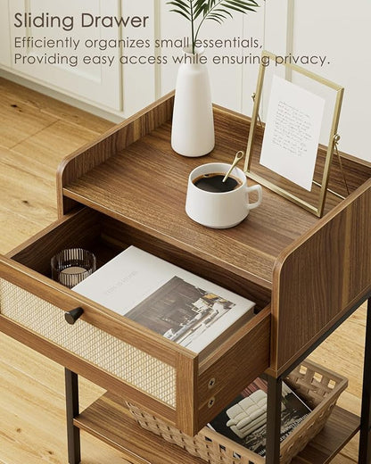 Masupu Rattan Nightstand,3-Tier Modern Bedside Night Stand with Storage Drawer and Shelf,Small End Side Table for Bedroom,Living Room,Walnut Brown (Without Outlet, Brown)
