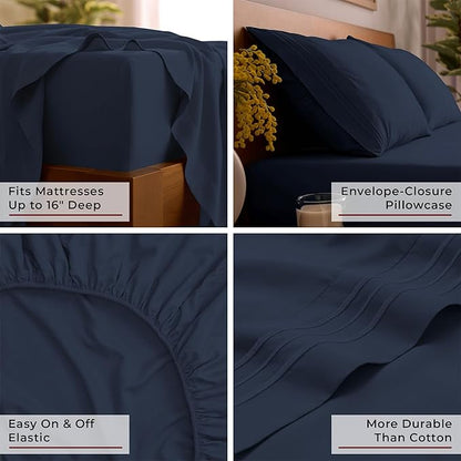 Mellanni Full Sheet Set - 6-Piece Iconic Collection Bedding, (Including 4 Pillowcases), 16-Inch Deep Pocket, Easy Care, Extra Soft, Cooling Sheets, Brushed Microfiber - Navy Blue