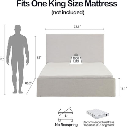 King Size Upholstered Bed Frame, 52" High Headboard Wingback Bedframes, Lucas Tall Headboard Floor Platform Beds, No Box Spring Needed/No Noise/Minimalist, Textured Lvory Canvas Chenille