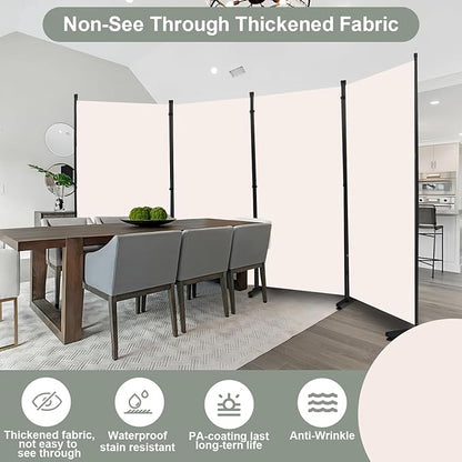 Room Divider Folding Privacy Screens with Wheels, 6FT Tall Divider for Room Separation, Movable Room Partitons and Dividers, Indoor Room Dividers Panel with Fabric (Beige, 4 Panel-136‘’-Round Pad)
