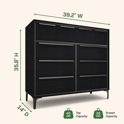 Naima Premium Fabric Dresser - Strong Metal Frame, 10 Spacious Sag-Proof Drawers with Sleek Metal Handles - Premium & Durable Storage Solution for Your Home (Black)