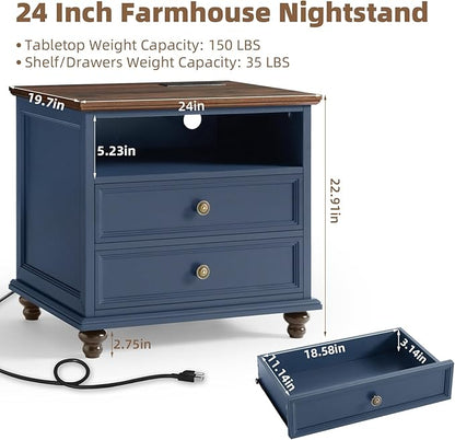 24" Wide Farmhouse Nightstand with Charging Station, End Table with 2 Drawers, Blue Wood Dresser for Bedroom Cabinet, Bed Side Table Chest of Drawers, Night Stand for Living Room, Closet