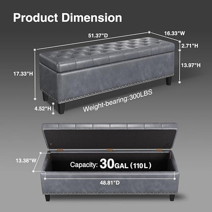 Large Storage Bench, 51-Inch Ottoman for Bedroom End of Bed, 30 Gallons Faux Leather Bench for Bedroom, Living Room, Entryway, Hallway, Grey
