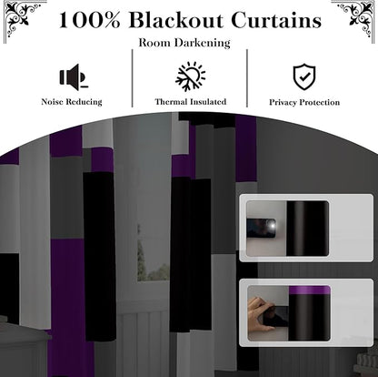 Purple 100% Blackout Curtains for Bedroom 108 inch Extra Long 2 Panels Set Black White Grey Modern Abstract Geometric Black Out Curtains Room Darkening Window Drapes for Living Room, 52Wx108L