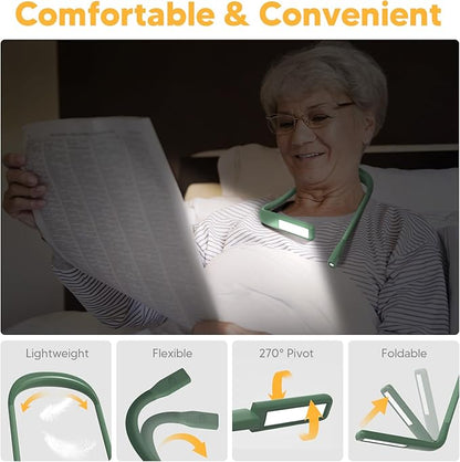 Neck Reading Light, Book Light for Reading in Bed, Eye-friendly Wide Reading Lamp, Bendable Arms & 2 Bright Lights, Rechargeable Booklight Stepless Dimming, Book Lover Gifts Knitting Crochet Craft