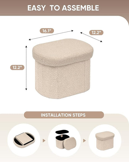 B FSOBEIIALEO Storage Ottoman for Dorm Room, Boucle Folding Storage Ottoman Foot Rest, 16.14 Inches Small Collapsible Ottoman Cube for Living Room Beige