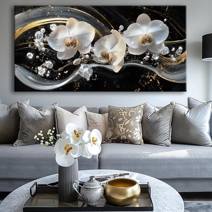 White Orchid Canvas Wall Art - Modern Floral Picture for Living Room, Bedroom Wall Decor, Framed Wall Art for Home Decoration, Elegant Flower Paintings Ready to Hang, Large Wall Art 75x150cm(30x60in)