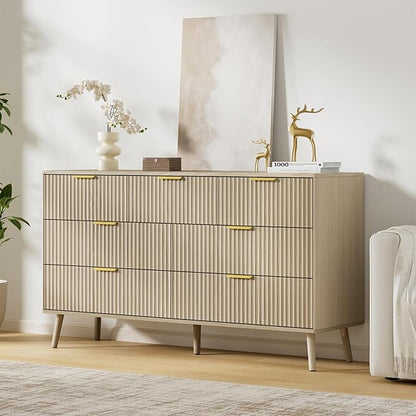LYNSOM 55" Wide Fluted Dresser for Bedroom with 7 Drawer, Modern Chest of Drawers with Curved Profile Design and Metal Handles, Wood Dresser TV Stand & Storage Organizer for Living Room, Beige