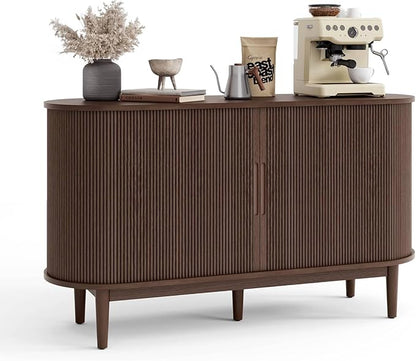 LINSY HOME Sideboard Buffet Cabinet with Storage, 55" Fluted Coffee Bar Cabinet with Tambour Sliding Doors and Drawer, Mid Century Modern Wood Storage Buffet Table for Kitchen, Living Room, Walnut | with Storage, Fluted, Coffee Bar Cabinet, Drawer, Mid...