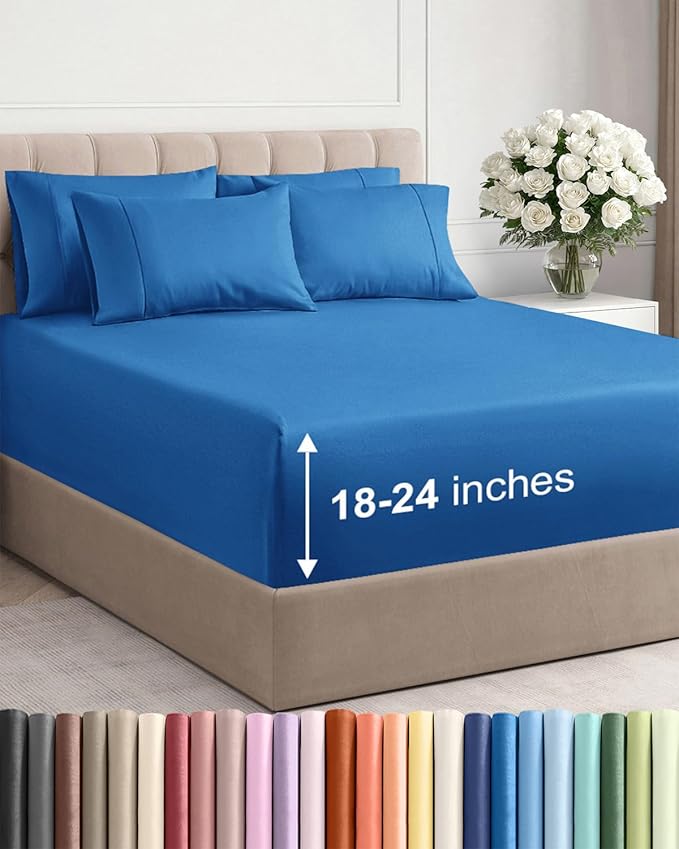 Extra Deep Cal King Sheet Set - 6 Piece Breathable and Cooling Sheets - Hotel Luxury Bed Sheets Set - Easy Fit - Soft, Wrinkle Free and Comfy Sheets Set - Royal Blue Sheet Set with Extra Deep Pockets