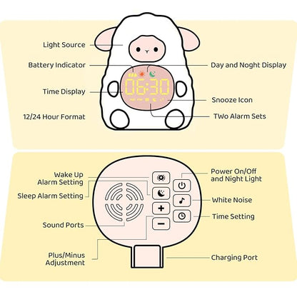 Sheep Alarm Clock with Night Light for Kids with Sleep Training and Sound Machine, Rechargeable Silicone Lamp OK to Wake Clock，Cute Animal Tabletop Lamp, Perfect Sleep Companion for Boys Girls, Pink