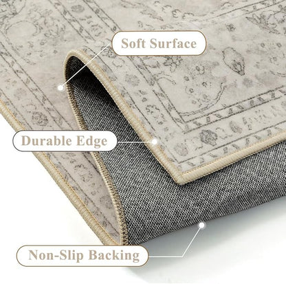 Beige 3x5 Area Rug Washable Vintage Carpet for Entryway Office Soft Retro Floral Kitchen Low Pile Thin Door Mat Non Slip Central Medallion Throw Rug for Bathroom Bedroom Dining Living Room
