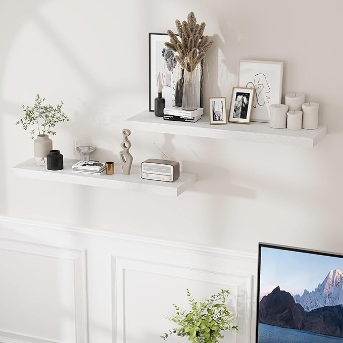 Fun Memories Floating Shelves for Wall, 36 x 9.3 Large Floating Shelf Wall Mounted Set of 2, Rustic Wood Shelves for Bathroom, Kitchen, Living, Heavy-Duty Storage Deep Shelf for Books, Decor, White